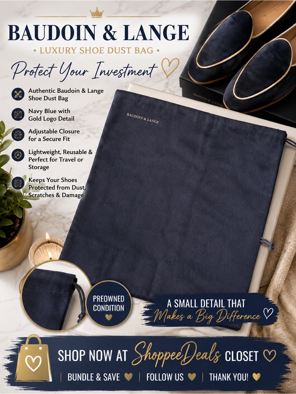 Baudoin & Lange Navy Blue Adjustable Shoe Dust Bag